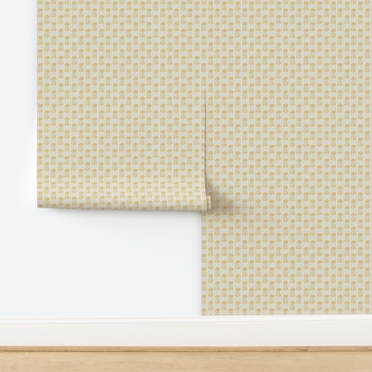 Block Print Cottagecore Floral Nursery Yellow Stripes Ochre Indian Flowers Pinstripe Small Scale Mustard Boho Bohemian Eclectic Custom Pre-pasted Wallpaper by Spoonflower Pre-Pasted Wallpaper 2FT Wide 16351505